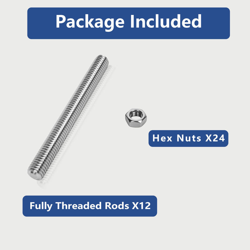 12 Pcs 304 Stainless Steel M10 Fully Threaded Rod,4"(102mm) Threaded Rod,Right Hand Threads，with Nuts (12, M10x102mm) 12