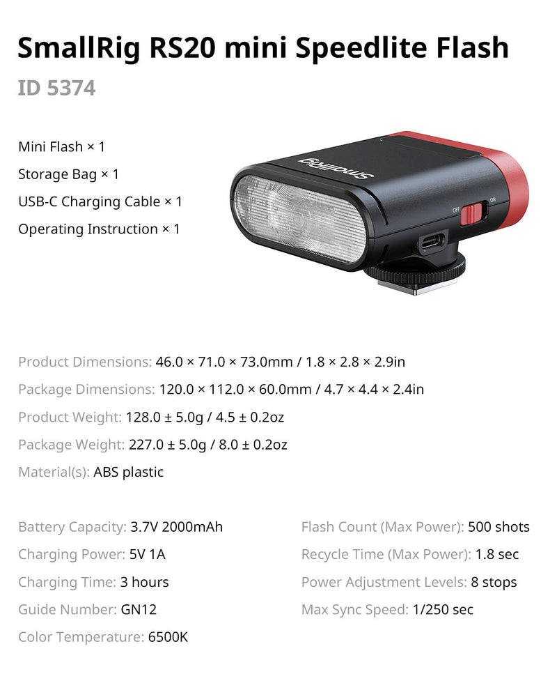 SmallRig RS20 Mini Camera Flash for Canon for Sony for Nikon, GN12 Flash | 2000mAh, OLED Screen, 8 Levels 500 Full-Power Flashes/1.8s Recycle/6500K, A/M Mode 1/1-1/128 - 5374 Red