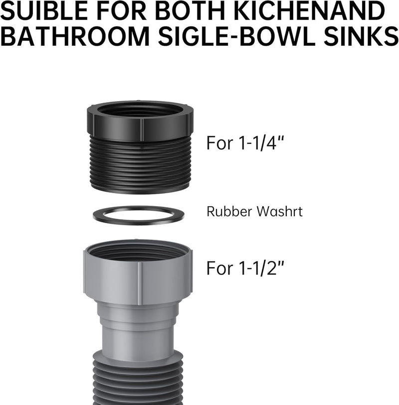Flexible Expandable P-Trap Kit for Double Kitchen Sink Drain - Fits 1 1/2" or 1 1/4" Pipes-Complete with Sealing Ring, Tape, and Tubing - Perfect for Kitchen, Bathroom, and Restroom Use