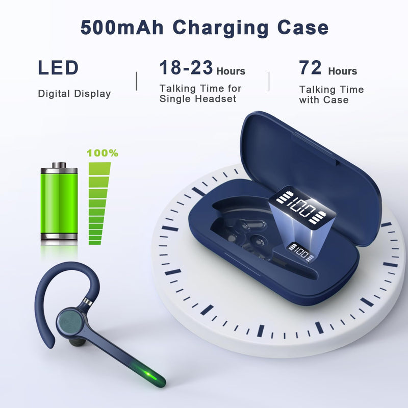 HEIBAS Bluetooth Headset, Wireless Earpiece with Mic for Work | 72H Playtime, 500mAh Charging Case, Hands-Free Calling with Mute Button for Work, Trucker, Office, Driving, iPhone, Blue