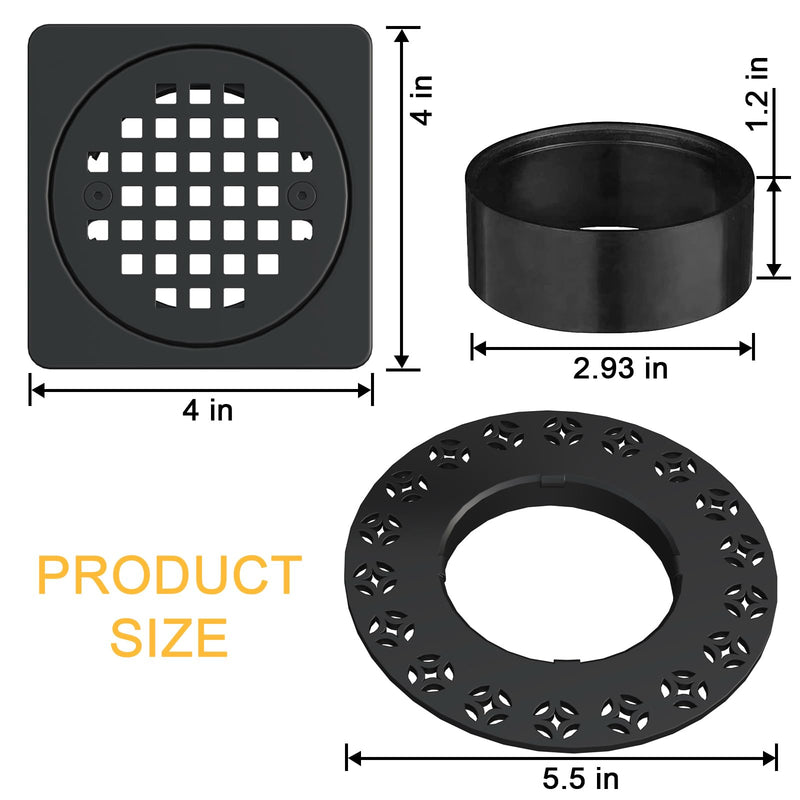 4" Square Shower Drain Grate Replacement Kit - SUS 304 Stainless Steel Removable Drain Cover Compatible with Schluter Kerdi-Drain Flange, CUPC Certified Bathroom Floor Drain (Matte Black) ‌