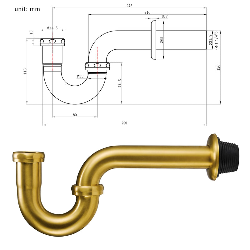 18 Gauge Solid Brass P-Trap 1 1/4” OD, Heavy Duty Brass Tubular J Bend Pipe Connector, Decorative Bathroom Basin Sink Waste Trap Drain Kit with Flange and Gasket Washers, Brushed Gold