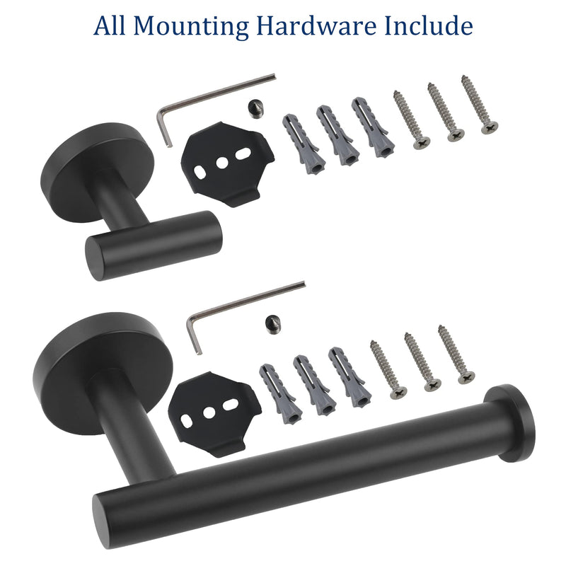 Matte Black Bathroom Hardware Set, Premium Stainless Steel 3-Piece Include 5 Inch Toilet Paper Holders and 2 Towel Robe Holder Hook for Bathroom, Kitchen, Washroom Wall Mount