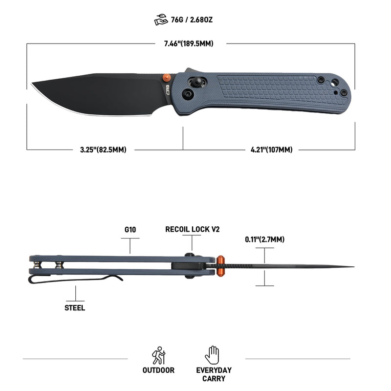 CJRB Bolt Folding Pocket Knife, 3.25'' AR-RPM9 Steel Blade G10 Handle EDC Knife with Recoil Lock Pocket Clip for Men Women Camping Survival Hiking, Blue (J1960)