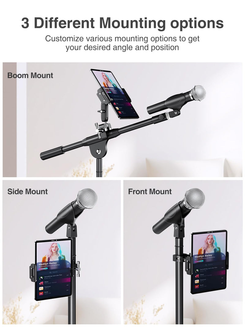 elitehood 2024 Newest Dual Ball Head Aluminum Tablet Holder for Mic Stand, Adjustable iPad Mic Stand Holder, Side Mount Microphone Music Stand Phone Holder Mount for iPad, iPhone, 4-13in Tablets 6in - Dual Ball Joint