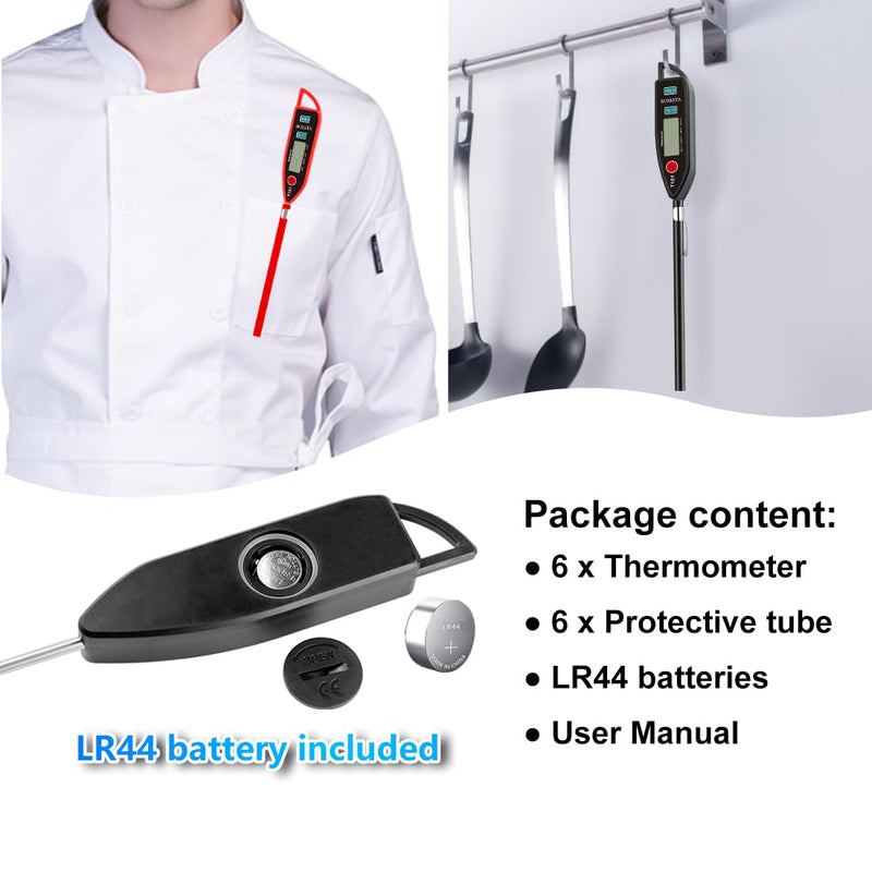 BOMATA 6 Pack Waterproof IPX7 Meat Thermometer Instant Read Food Thermometer with Long Probe for Water, Liquid, Kitchen Cooking, Grill,BBQ ! T101 X 6 Pcs (Black & Red & White)… Black,Red,White