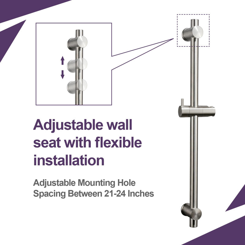24 Inch Shower Slide Bar with Adjustable Shower Holder Wall Mount Sliding Bar Stainless Steel Wall Mounted Shower Slide Bar with Adjustable Shower Head Holder, Brushed Nickel