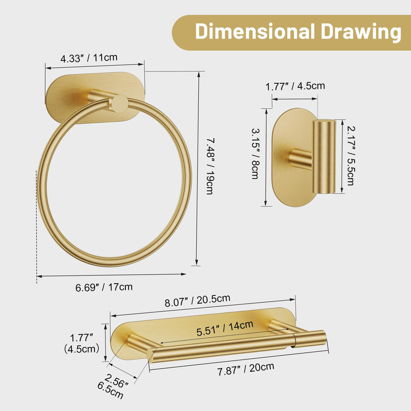 Self Adhesive Brushed Gold Toilet Paper Holder Towel Holder for Bathroom Wall, No Drilling Bathroom Hardware Set, SUS304 Stainless Steel Gold Towel Ring Hand Towel Holder for Bathroom, Kitchen