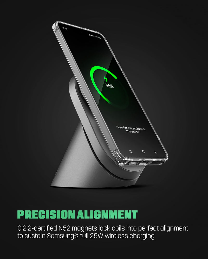 Qi2.2 Certified Magnetic Charging Stand for Samsung [25W] Compatible with MagSafe, Super-Fast Wireless Desktop Phone Charger for S26 Ultra S25 Plus Adapter Included [Active-Cooling Technology]