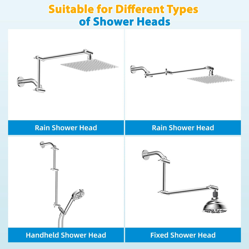 iFealClear All Metal 16" Shower Head Extension Arm, Solid Brass Shower Head Extender Adjustable Height Angle, G1/2 Universal Connection Stainless Steel Pipe with Lock Joint for Rain Showerhead, Chrome 16 Inch