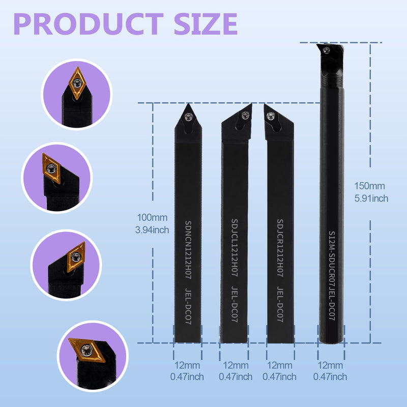 Indexable Lathe Turning Tool 1/2" Shank 14PCS Kit-4PCS Metal Lathe Tools Holder 10PCS DCMT21.51 Carbide Insert for Turning Boring Grooving SDJCR1212H07/SDNCN12120H07/SDJCL1212H07/S12M-SDUCR07 4pcs 1/2" 07shank +10pcs Inserts