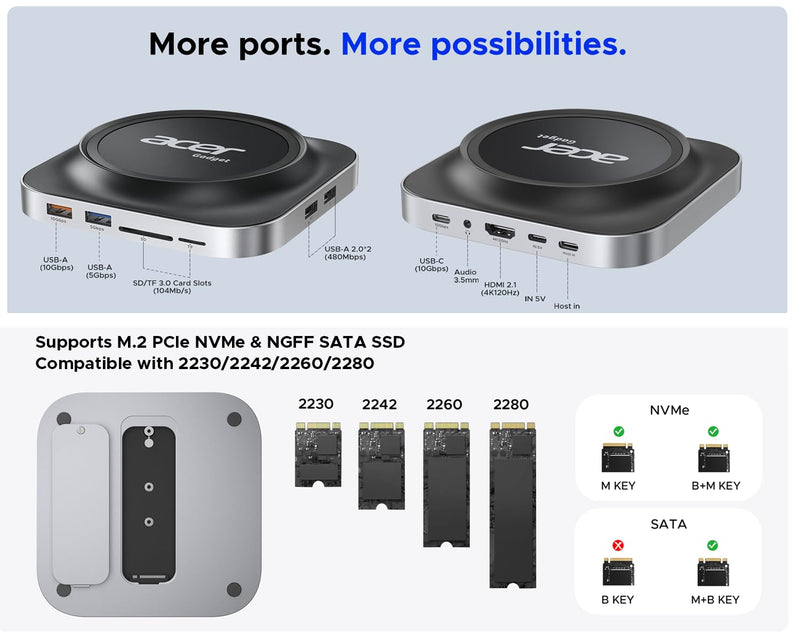 Acer Gadget Mac mini M4 Dock, 8TB M.2 NVMe/SATA SSD Enclosure & Stand, 4K@144Hz HDMI 2.1, 10Gbps USB-C & USB-A Hub, SD/TF Card Reader, 3.5mm Audio, Aluminum Docking Station for Mac mini M4 & M4 Pro Black