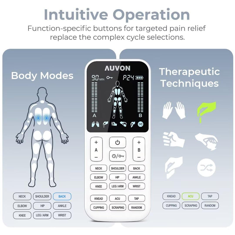 AUVON 4 Outputs TENS Unit Muscle Stimulator with 24 Modes & Intuitive Operation Design, FSA & HSA Eligible, TENS Machine with 10 TENS Pads, Electronic Pulse Massager for Back Pain Relief Therapy White