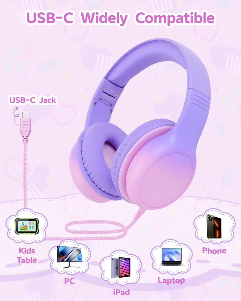 USB C Over Ear Kids Headphones with HD Mic, Safe Volume Limited Wired Headphones for School, Travel, Stereo Sound, Foldable Headphones for iPad, Laptop, PC, Purple-Pink
