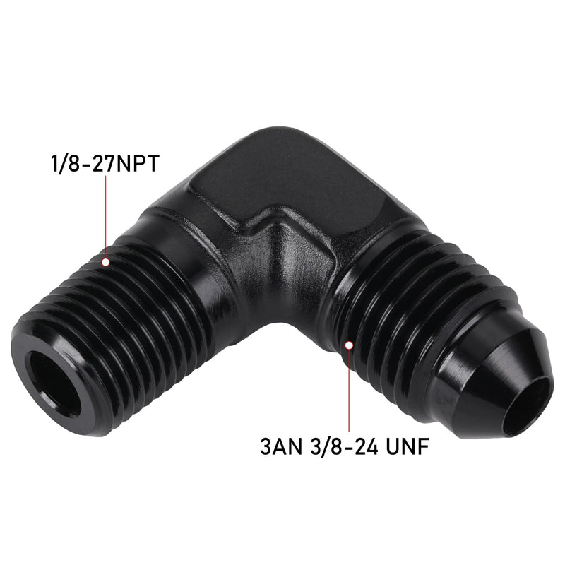3AN Male Flare to 1/8 NPT Pipe Male 90 Degree Elbow Fitting Adapter Union Aluminum Black, Pack of 2 3AN to 1/8 NPT Black, 90 Degree - 2PCS
