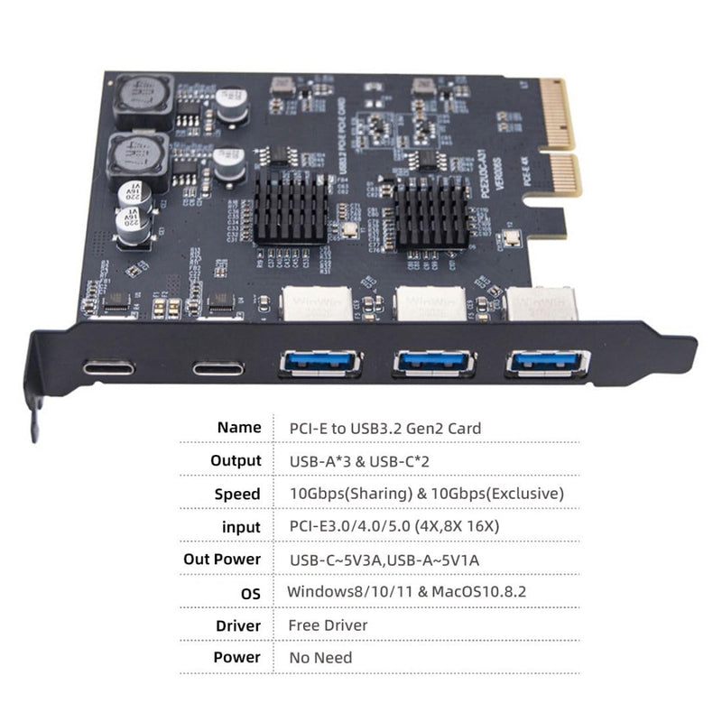chenyang 5 Port PCI-E 4X to 2 USB C/3 USB 3.0 Panel Socket USB 3.2 Gen2 PCI Express Expansion Card Adapter with ASM3142 VL822 Dual Chipset 5 Port 2 USB C/3 USB 3.0