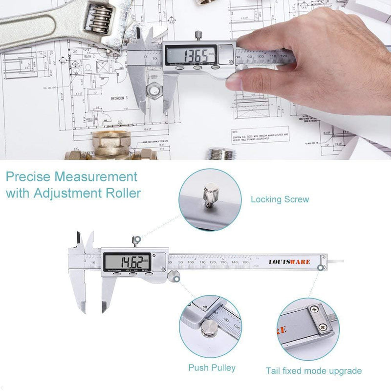 Digital Caliper Measuring Tool, Stainless Steel Vernier Caliper Digital Micrometer with Large LCD Screen, 6 Inch Caliper Tool for DIY/Household, Auto-Off Feature, Inch and Millimeter Conversion RO-04