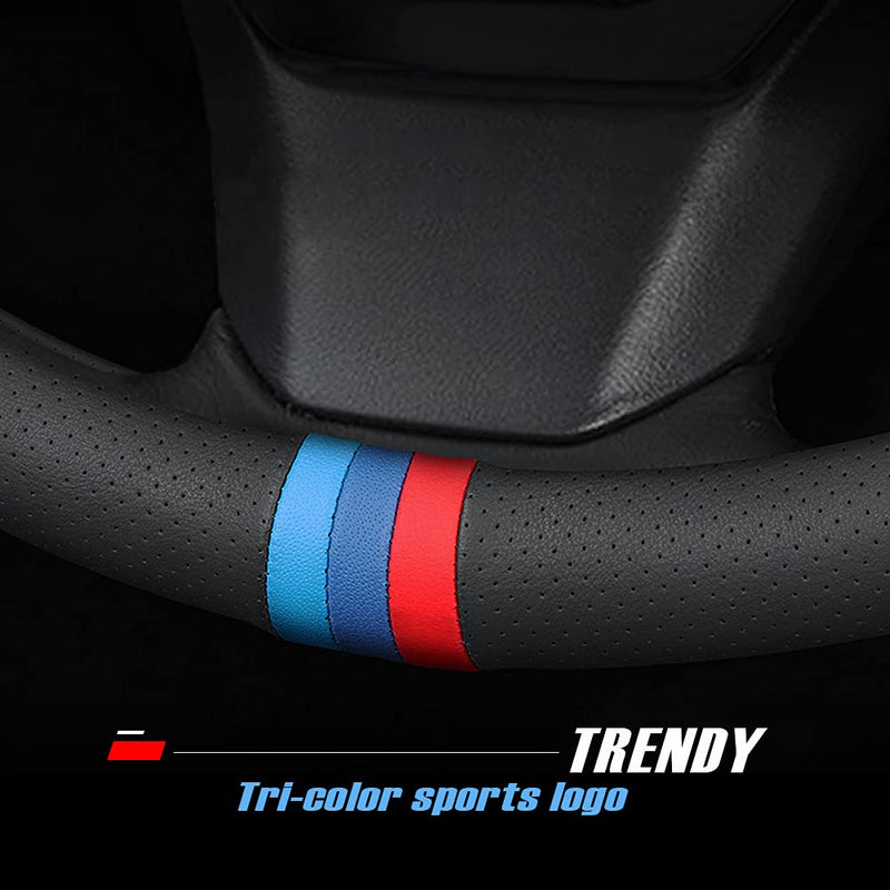 New Nappa Leather car Steering Wheel Cover, Universal 15 inch Black Black(red and Blue Signs)
