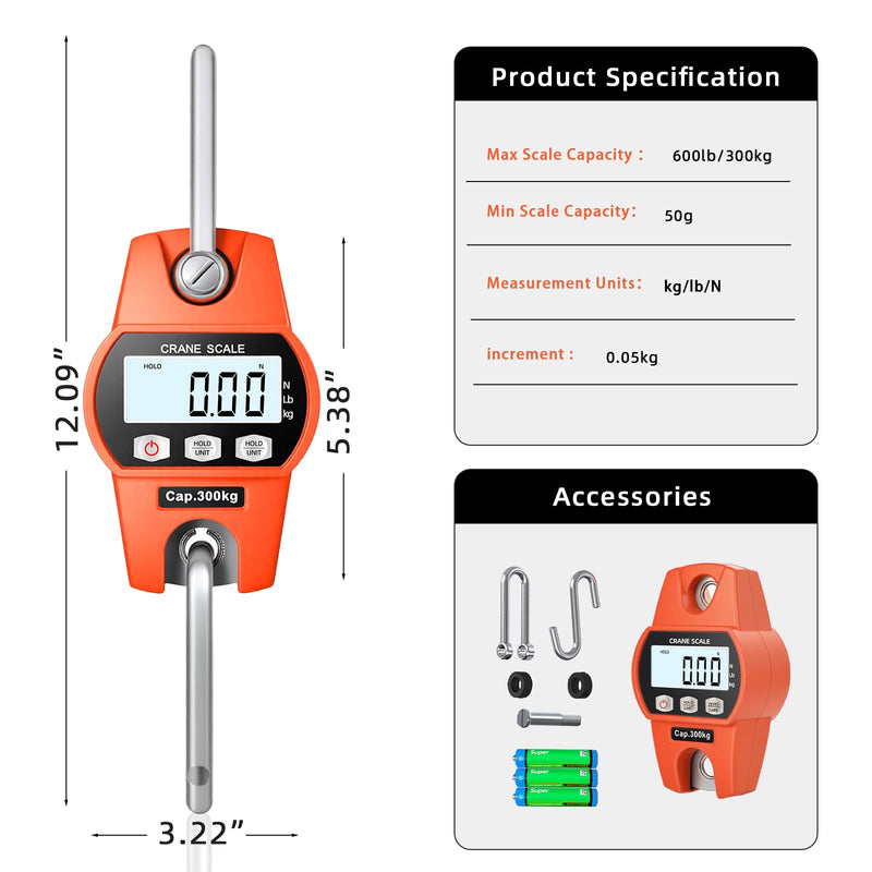 Hanging Scale 660lb/300kg - High-Accuracy Crane Scale with Aluminum Frame and LCD Display. Functions as Fishing Scale and Luggage Scale. for Farm, Hunting, Fitness, and Travel Weighing 300kg/0.1lb