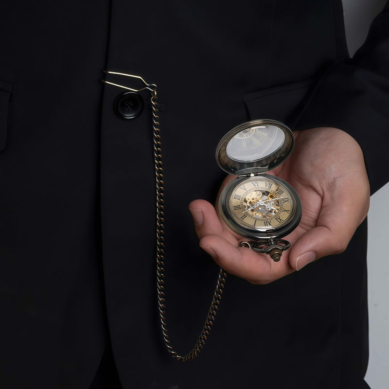 Mechanical Pocket Watch, for Men Women Special Magnifier Half Hunter Engraved Case Roman Numerals with Chain Aa. Bronze Black