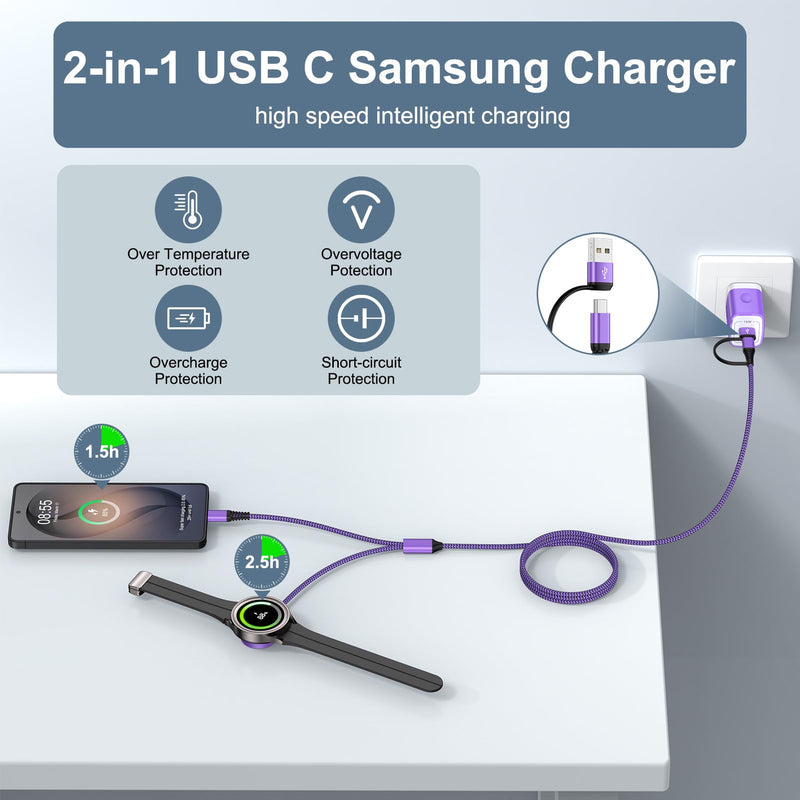 Travel Essentials Magnetic Fast Charger for Samsung Watch Charger 8 Classic | 2in1 USB A & USB C Fast Charging Cable for Samsung Galaxy Watch 8/7/Ultra/6/5 Pro/5/4/4 Classic/3/2/A17/A16/A37/S26/S25/S2 Purple