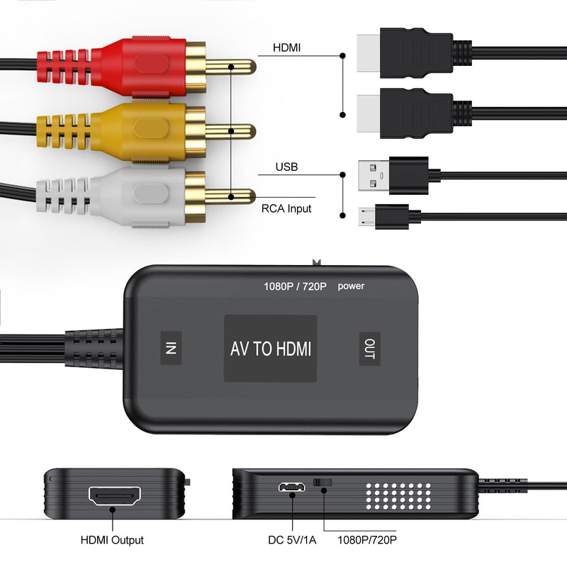 VCR to HDMI Converter, Red Yellow White AV RCA to HDMI Adapter 720P/1080P | Analog Signal for VCR/ VHS/DVD Player Set Top Box SNES PS1 XBOX to TV Monitor RCA Male to HDMI Male