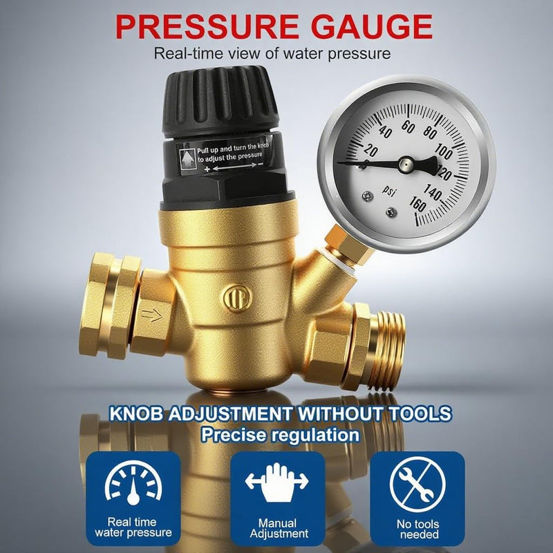 RV Water Pressure Regulator with Gauge,0-160psi Glycerin Liquid Filled Pressure Regulator Thicker Lead-free BrassKnob Valve Body,Knob Adjustment Water Pressure Gauge Regulator for RV Camper