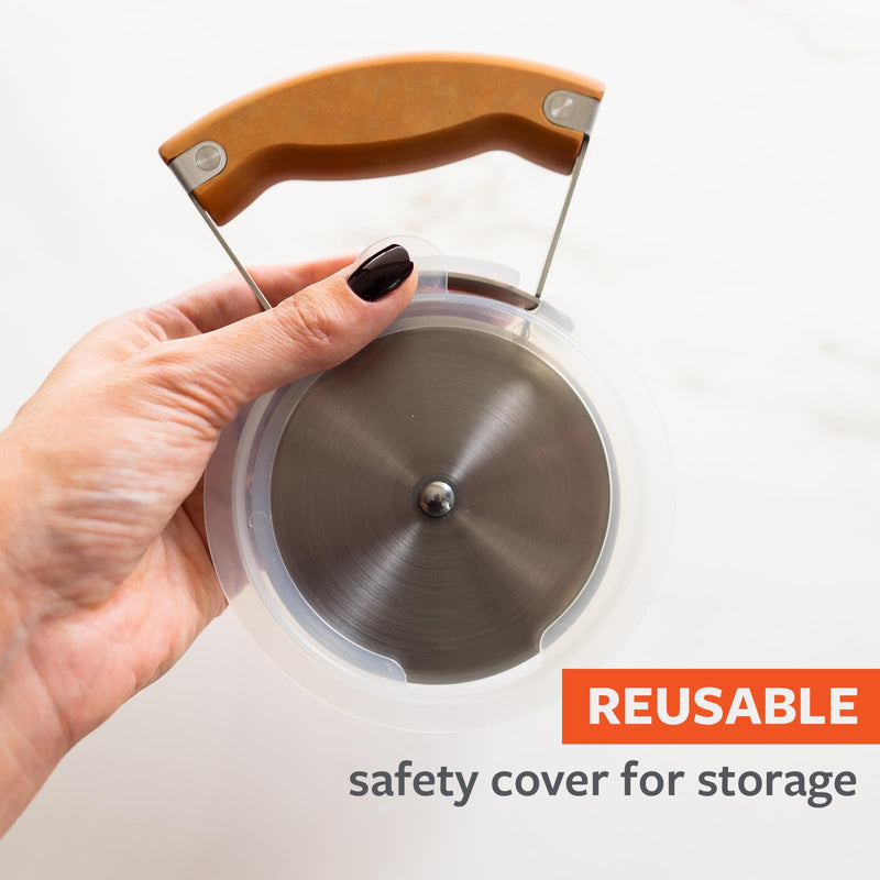 Full Circle Slice, Stainless Steel Precision Pizza Wheel with Safety Cover: Effortless Slicing, Innovative, Eco-Friendly. Dishwahser Safe.