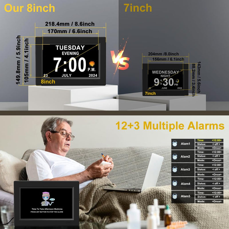 CAZOKASI 8inch Extra Large Impaired Vision Digital Alarm Clock with Day and Time for Elderly Calendar Clock Auto Dimmable Clock 8inch Black