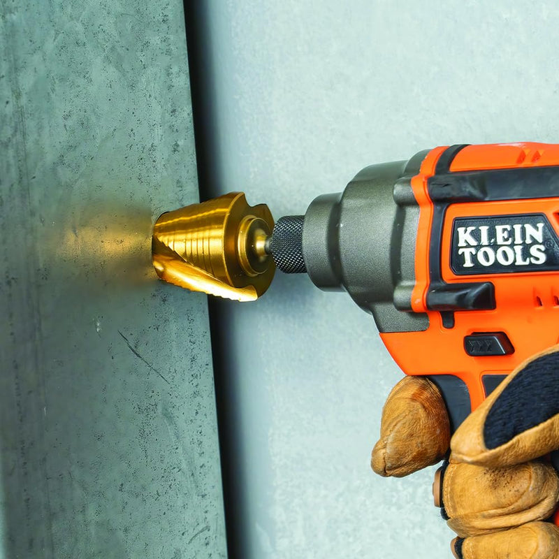 Klein Tools 25960 Step Drill Bit, 7/8 to 1-3/8-Inch, Spiral Double-Fluted, Cut Thin Metal, Plastic, Aluminum, Wood, 1/4-Inch Hex Shank, VACO