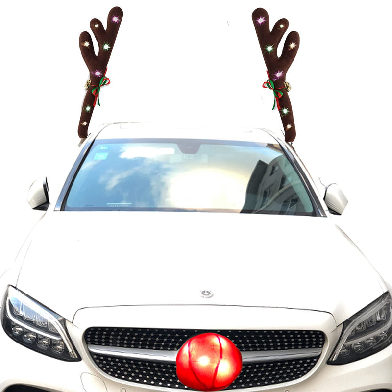 Car Reindeer Antler Kit with LED Light Christmas Auto Decorations Lighted Antlers and Nose with Jingle Bells Character Kit,Car Accessory (Multicolor)