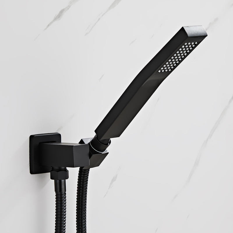 Black square hand shower head, handheld shower head with hose,brass High pressure flushing With adjustable water supply elbow Wall mount connector Shower bracket and hose set Black