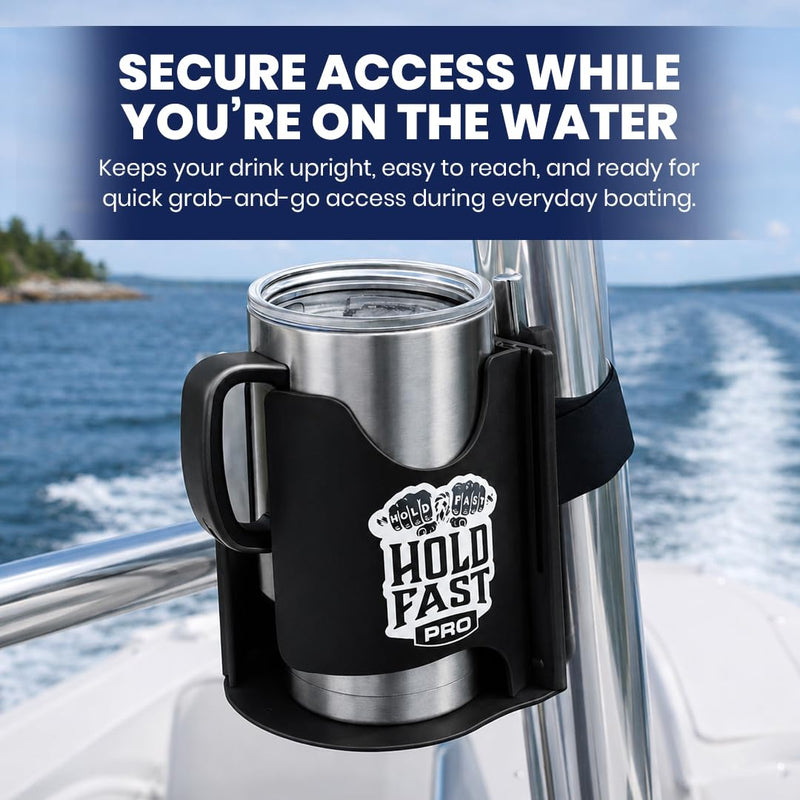HoldFastPro Boat Cup Holder, Adjustable Universal Boat Cup Caddy for Rails & Grab Bars, Marine Drink Holder for Center Console, & T-Top Mounting, Black