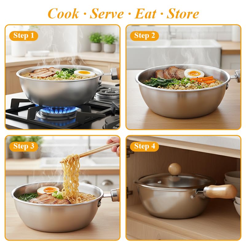 Korean Ramen Pot Set, 18/8 Stainless Steel Ramen Cooking Pot with Glass Lid, Coating-Free One-Person Dining Set, Wooden Handle Bowl, Fork Spoon Chopsticks&Sauce Dish, Safe for Gas Stove Glass Lid Pot