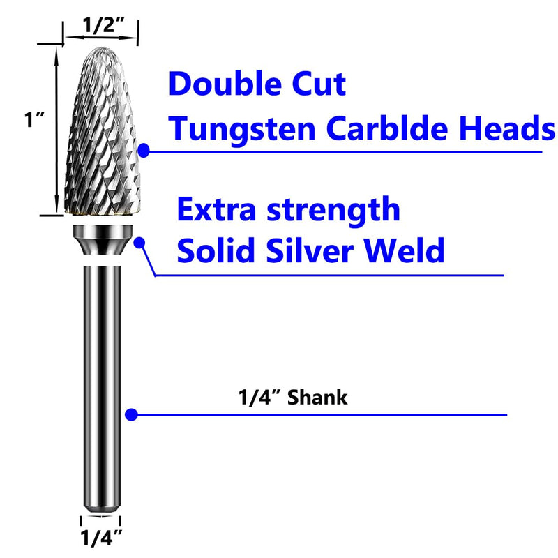 SF-5 Tungsten Carbide Burr Set Double Cut Rotary Burrs File(1/2” Cutter Dia X 1”Cutter Length) with 1/4'' (6.35mm) Shank for Die Grinder Drill Bits (Pack of 5)…
