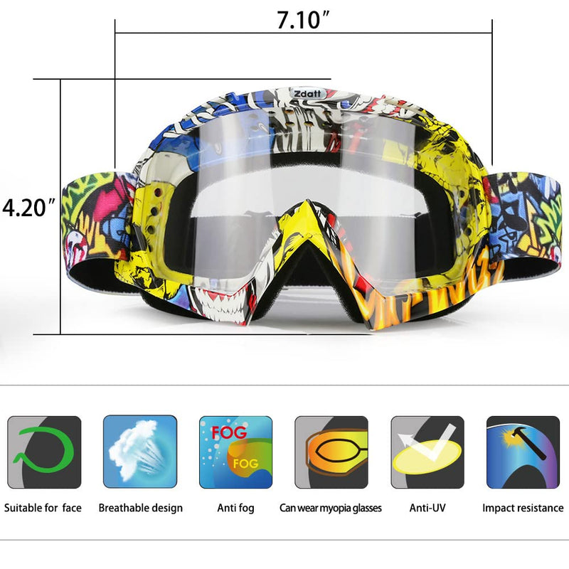 Dirt Bike Goggles, ATV Goggles Adult Motocross Goggles Clear Lens Racing MX Goggle Glasses and Ski Goggles Camo Yellow Frame + Clear Lens