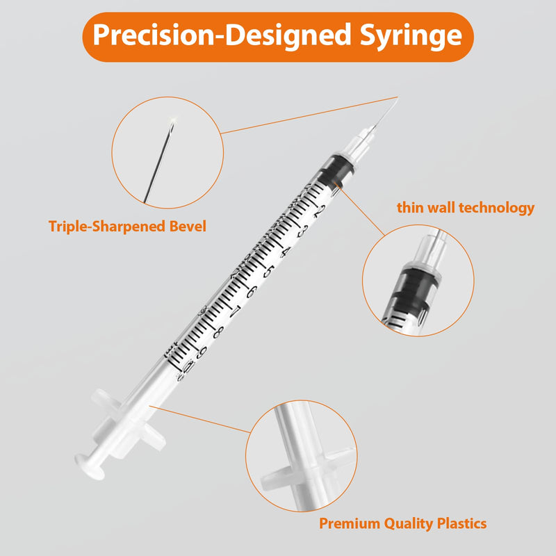 100 Pack U-100 1cc 31 Gauge 5/16 Inch Syringes with Needle, Individually Packed 100