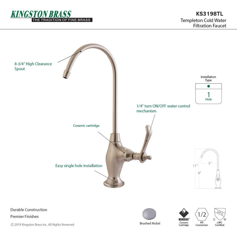 Kingston Brass Gourmetier KS3198TL Templeton Design 1/4 Turn Water Filter Faucet, Brushed Nickel