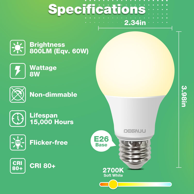 DEGNJU LED Light Bulbs, 60 Watt Equivalent LED Bulbs A19, 2700K Soft White, 800 Lumens, E26 Standard Base, Non-Dimmable, 8W Warm White LED Bulbs for Bedroom Living Room, 24 Pack Soft White-60 Watt