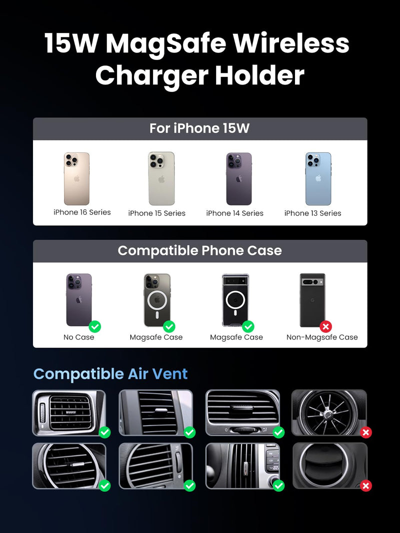UGREEN Qi2 15W Magnetic Wireless Car Charger Mount | Auto-align, Air Vent Mount, LED Lights, Strong Magnetic Car Phone Holder for iPhone 17/16/15/14/13/12 Series and More