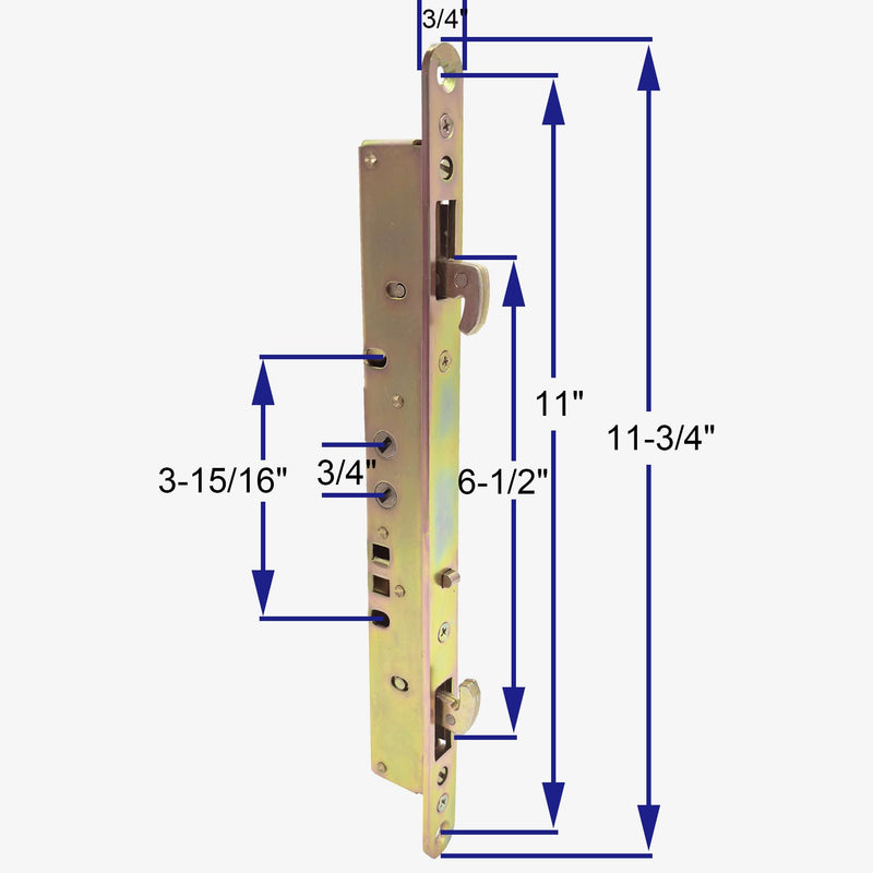 2 Point Sliding Patio Glass Door Mortise Lock with 11-3/4" Faceplate, Dual Point Hooks with Anti-Slam Pin, 45° Keyway, A/B Position, 3-15/16" Handle H.C. (Sold Separately), Non-Handed 2 Point Mortise Latch