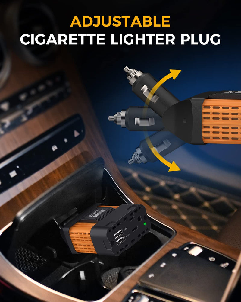 Ampeak 100W Car Power Inverter 4.8A Dual USB Ports AC Outlet 11 Safe Protections Cordless Cigarette Lighter Adapter for iPhone iPad Orange