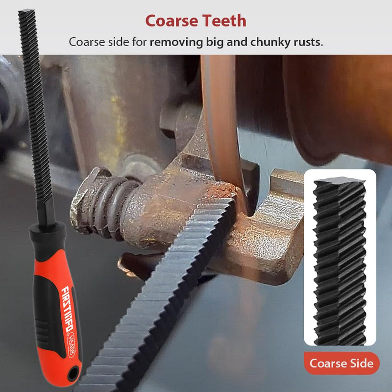 FIRSTINFO 4-Sided Brake Caliper File, Coarse/Fine Teeth, 9mm Width | CR-V steel | HRC 62-66 | 5.9" file length | Anti-slip surface | Cushioned grip | Made in Taiwan