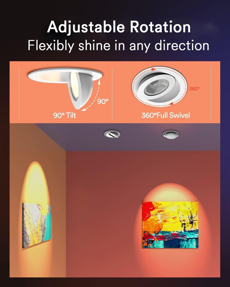 Lumary Smart RGB Gimbal Recessed Lighting 4 Inch, 355° Rotatable+90° Tilt | 7W COB Eyeball Light, 26° Beam Angle Directional Light, 2700-6500K, Compatible with Alexa/Google Assistant, ETL, 1 Pack