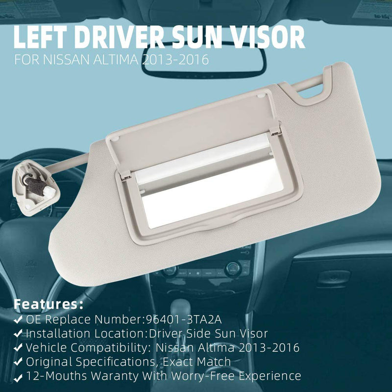Dasbecan Gray Left Driver Side Sun Visor Compatible with Nissan Altima 2013 2014 2015 2016 2017 2018 with Mirror and Vanity Light Without Sunroof Replaces# 96401-3TA2A Left Gray