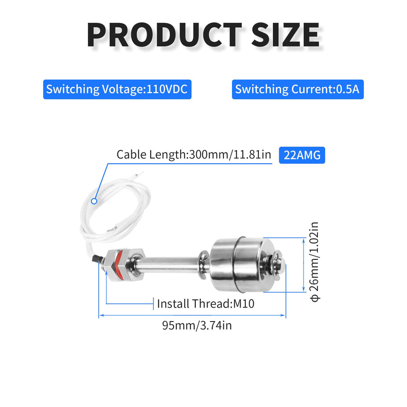2 Pcs Stainless Steel Float Switch Water Level Sensor Water Level Controller Sensor Switch M10 for Smart Toilet Solar Tank Pool Pump Liquid Control Length 95mm Silver 2pcs 95MM