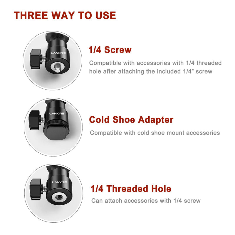 Camera Hot Shoe Mount with 1/4" Screw and Ball Head Adapter - Compatible with Camera, Camcorder, Smartphone, Action Camera, LED Lights, Microphone - 2 Pack