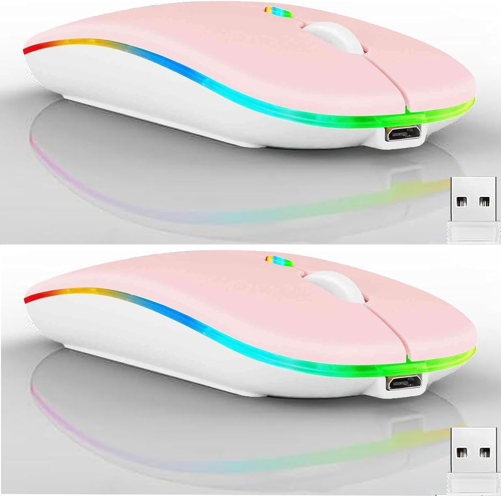 2 Pack Wireless Bluetooth Mouse,LED Dual Mode Rechargeable Silent Slim Laptop Mouse,Portable(BT5.2+USB Receiver) Dual Mode Computer Mice,for Laptop,Desktop Computer,Tablet,Phone,TV (Pink) 2 pack pink