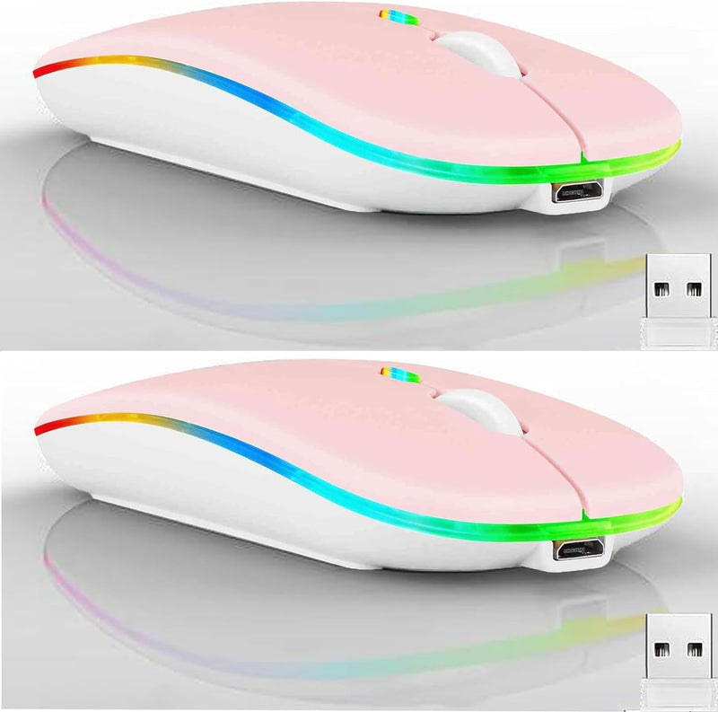 2 Pack Wireless Bluetooth Mouse,LED Dual Mode Rechargeable Silent Slim Laptop Mouse,Portable(BT5.2+USB Receiver) Dual Mode Computer Mice,for Laptop,Desktop Computer,Tablet,Phone,TV (Pink) 2 pack pink