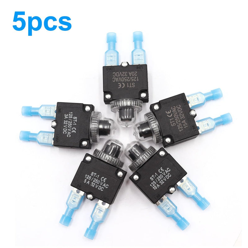 mxuteuk 5Pcs 3,5,10,15,20Amp Circuit Breakers Push Button Manual Reset 125/250V AC 32V DC,Overload Protector Switch Thermal Circuit Breakers with Quick Connect Terminals and Waterproof Button Caps 3A5A10A15A20A KIT